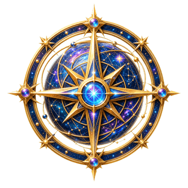 an ornate golden compass, the sigil on this example woo map card